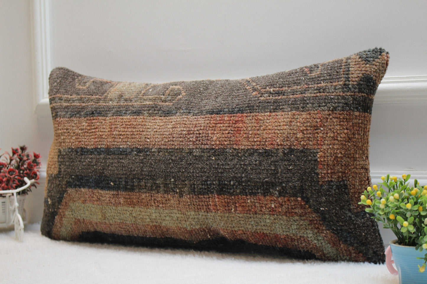 Handmade Turkish Kilim Lumbar Pillow Cover: Organic Wool Rug, 12x24 inc