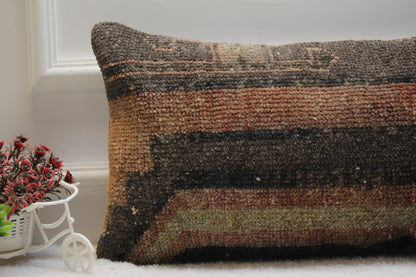 Handmade Turkish Kilim Lumbar Pillow Cover: Organic Wool Rug, 12x24 inc