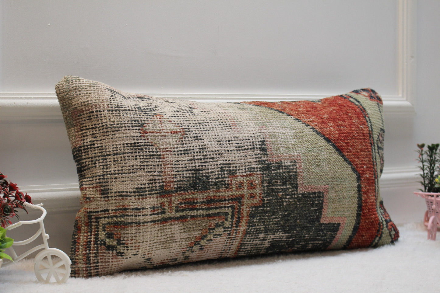 Handmade Turkish Rug Pillow Cover: Organic Wool Boho Decor (12x24 in)