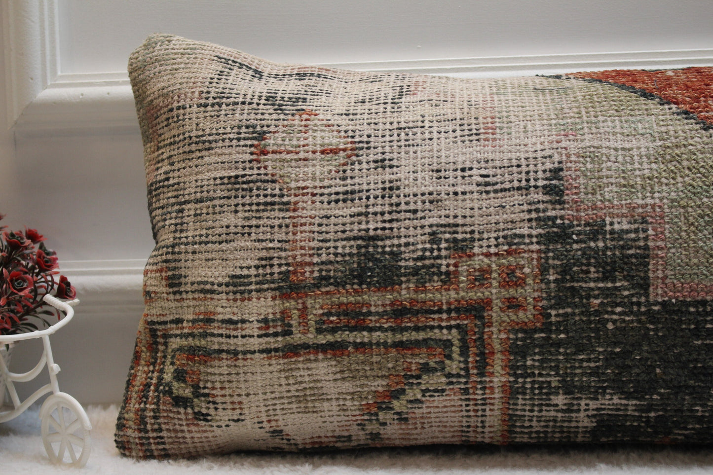 Handmade Turkish Rug Pillow Cover: Organic Wool Boho Decor (12x24 in)