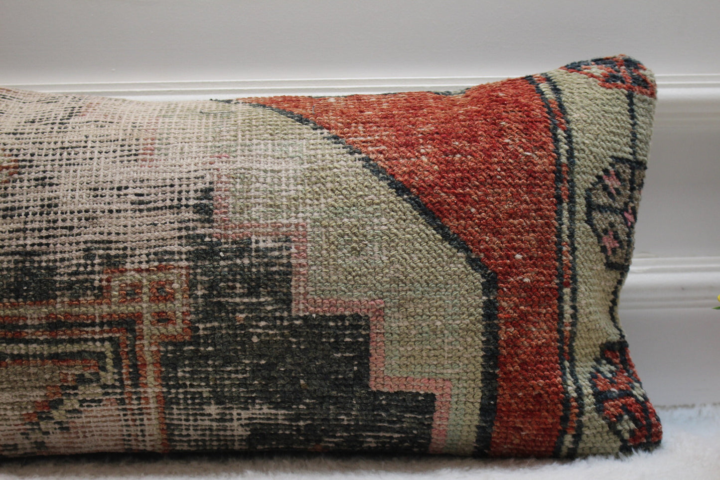 Handmade Turkish Rug Pillow Cover: Organic Wool Boho Decor (12x24 in)