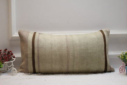 Handmade Kilim Lumbar Pillow Cover: Beige Pink Woven Rug, 12x24 inch