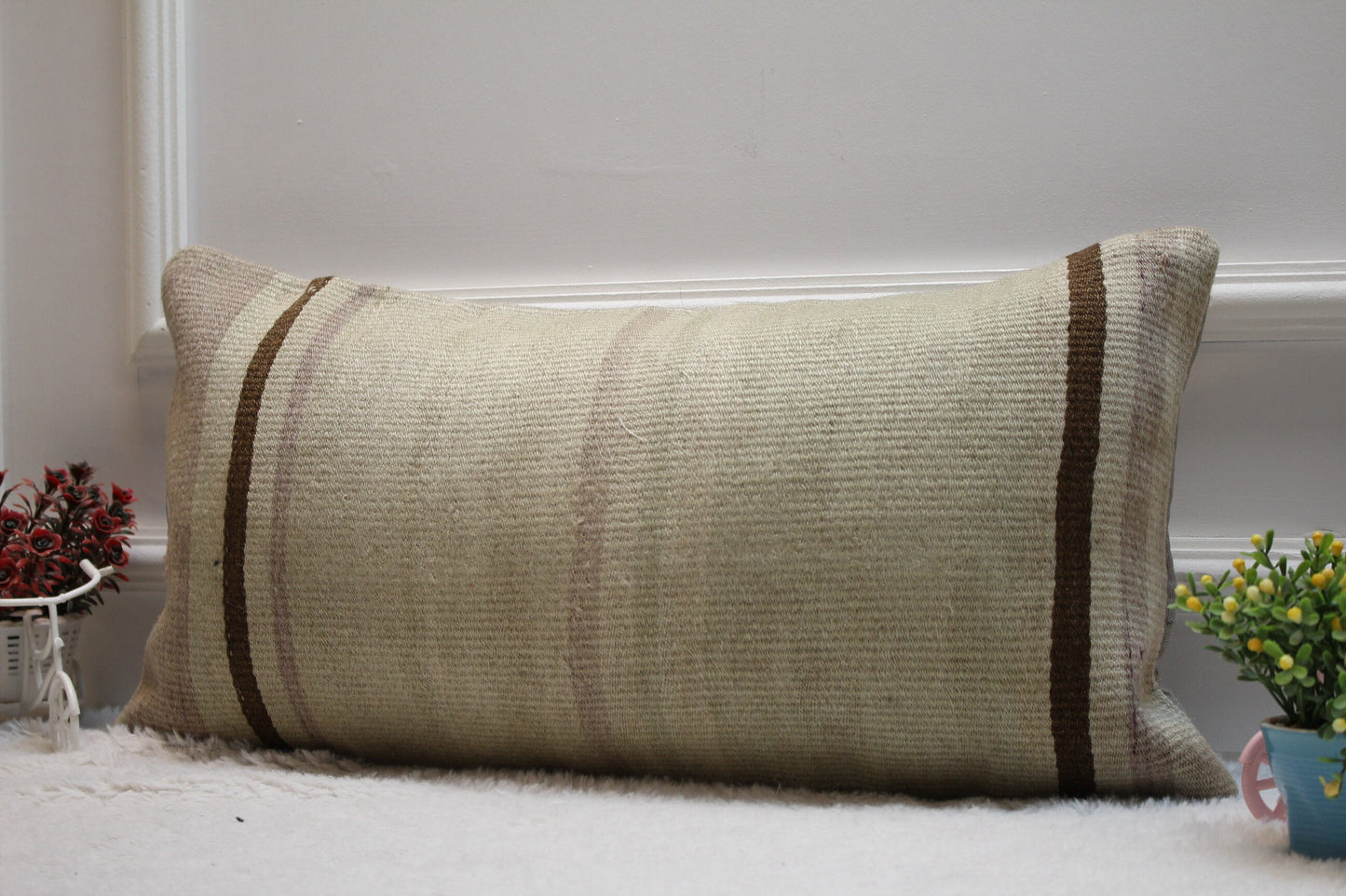 Handmade Kilim Lumbar Pillow Cover: Beige Pink Woven Rug, 12x24 inch