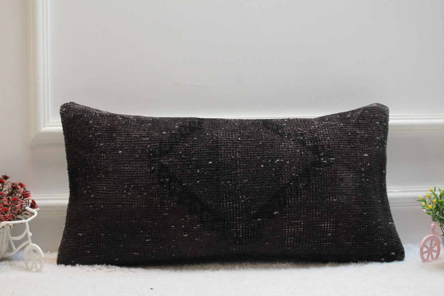 Handmade Black Wool Kilim Pillow: Organic Turkish Lumbar Cover (12x24 in)