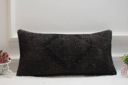 Handmade Black Wool Kilim Pillow: Organic Turkish Lumbar Cover (12x24 in)