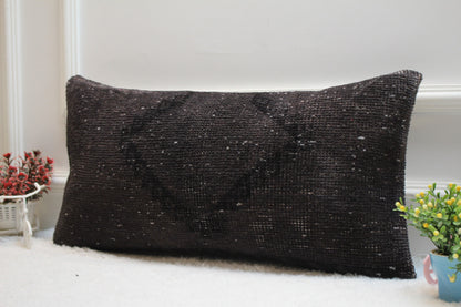 Handmade Black Wool Kilim Pillow: Organic Turkish Lumbar Cover (12x24 in)