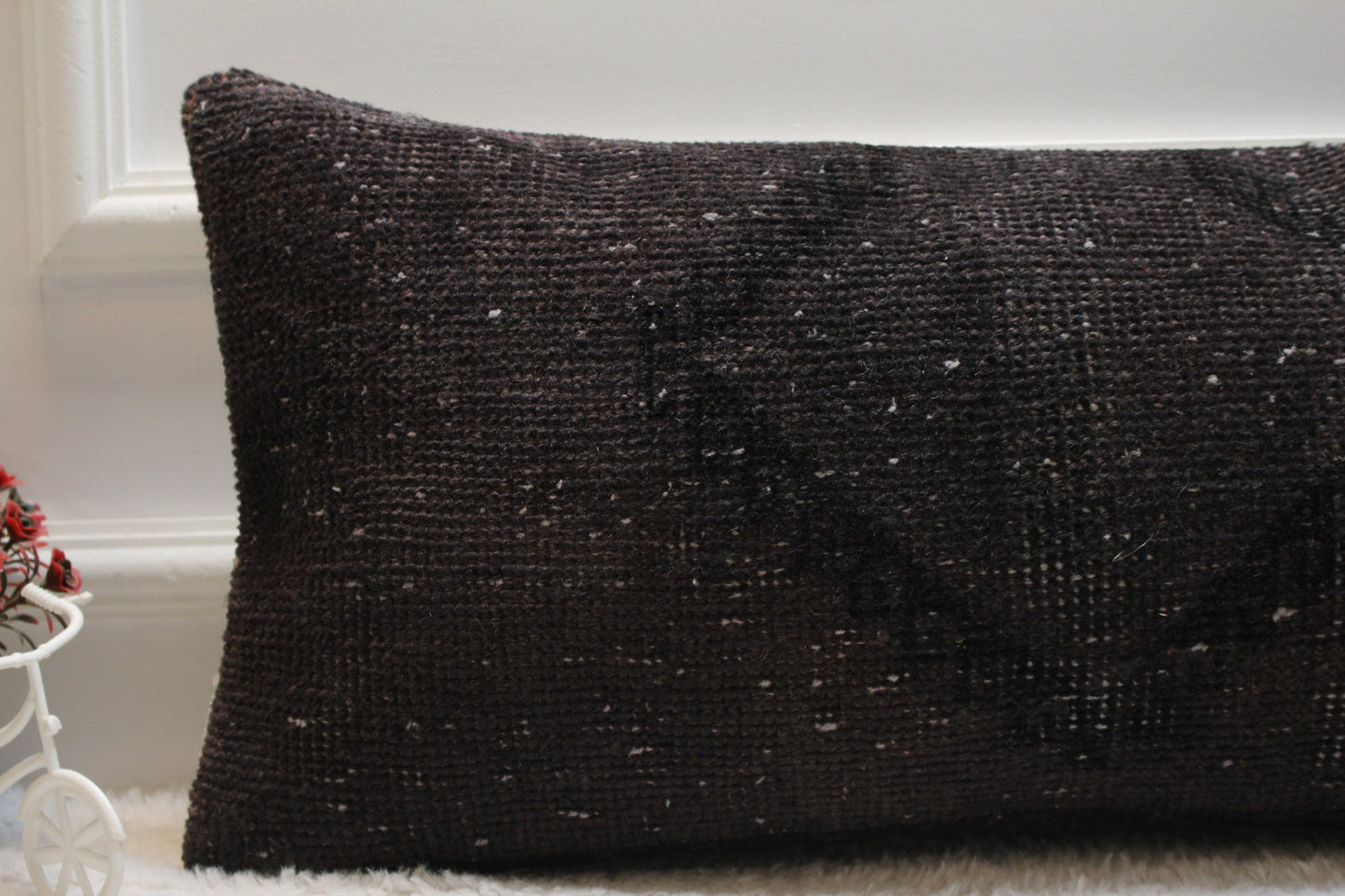 Handmade Black Wool Kilim Pillow: Organic Turkish Lumbar Cover (12x24 in)