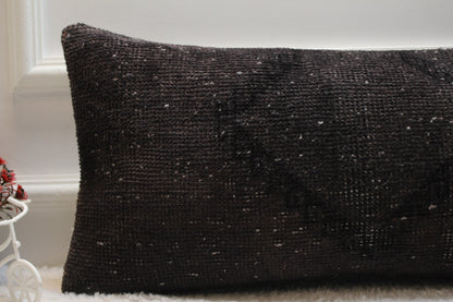 Handmade Black Wool Kilim Pillow: Organic Turkish Lumbar Cover (12x24 in)