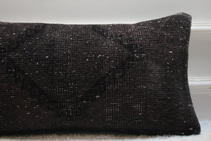 Handmade Black Wool Kilim Pillow: Organic Turkish Lumbar Cover (12x24 in)