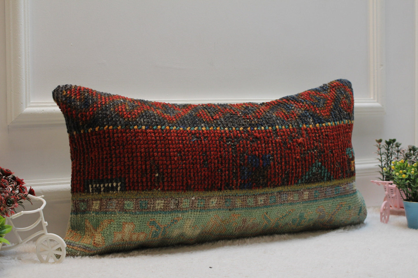 Patchwork Rug Lumbar Pillow Cover: Vintage Turkish Kilim, 12x24 inch