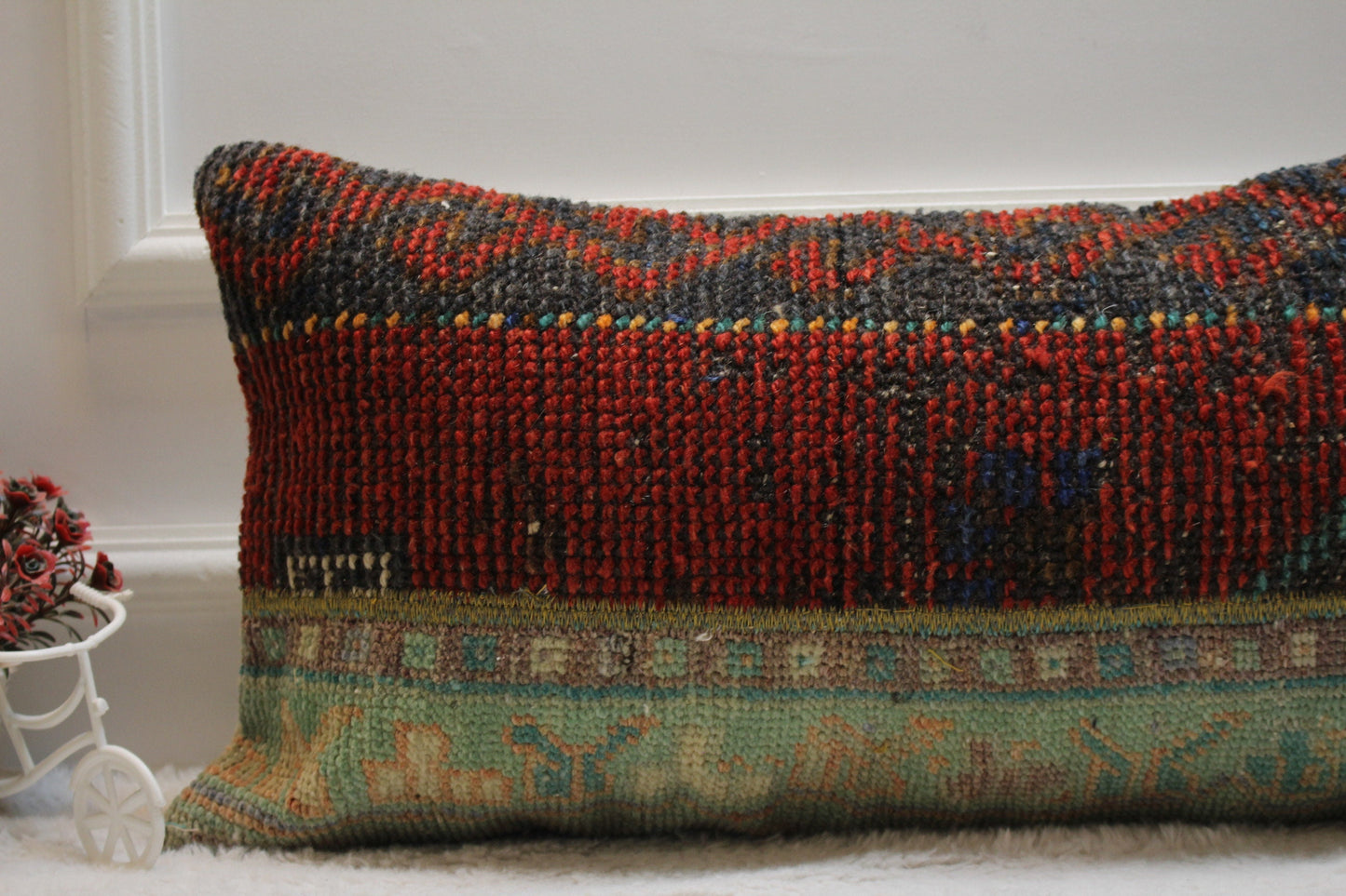 Patchwork Rug Lumbar Pillow Cover: Vintage Turkish Kilim, 12x24 inch