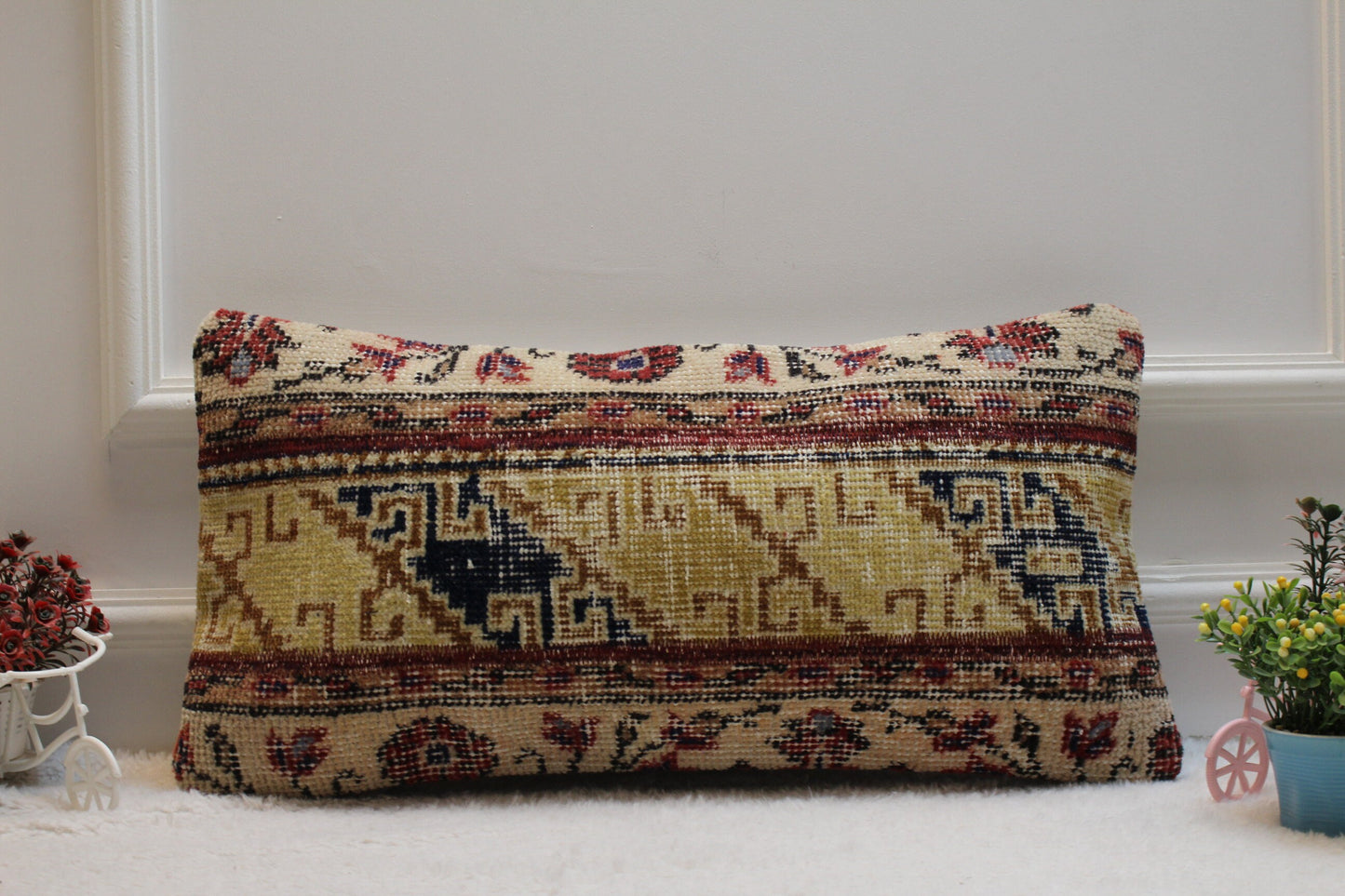 Handmade Lumbar Rug Pillow: Vintage Ethnic Wool Pillow Case (12x24 in)