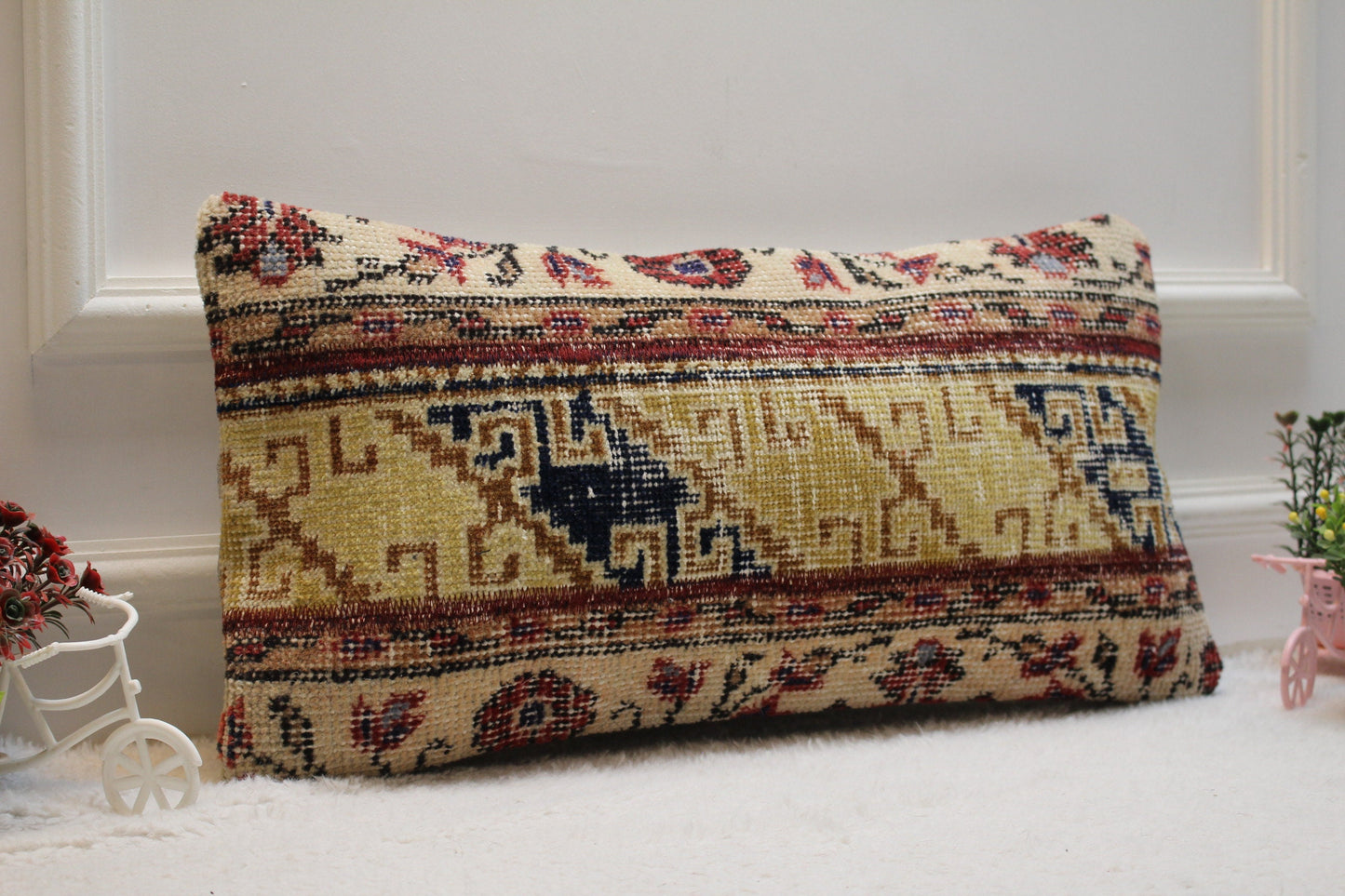 Handmade Lumbar Rug Pillow: Vintage Ethnic Wool Pillow Case (12x24 in)