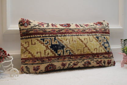 Handmade Lumbar Rug Pillow: Vintage Ethnic Wool Pillow Case (12x24 in)
