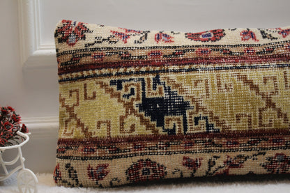 Handmade Lumbar Rug Pillow: Vintage Ethnic Wool Pillow Case (12x24 in)