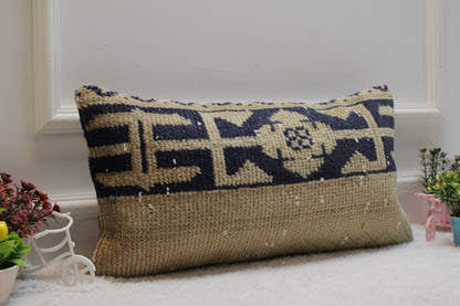 Vintage Turkish Rug Lumbar Pillow Cover: Handmade Wool Kilim (12x24 in)