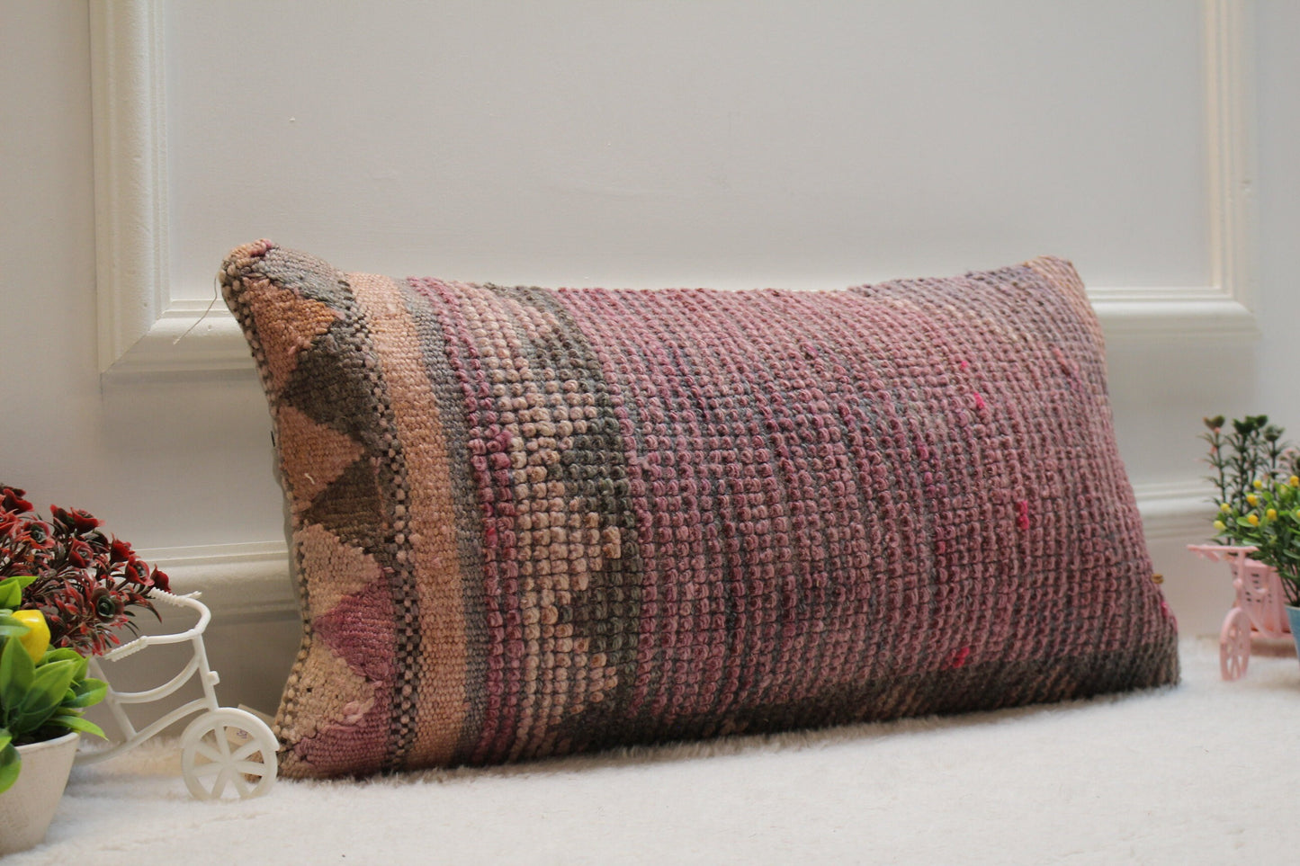 Handmade Kilim Pillow Cover: Pink Woven Rug Pillow, 12x24 inc