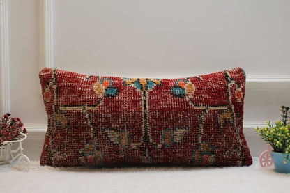 Red Turkish Rug Lumbar Pillow Cover: Vintage Wool, 12x24 inch
