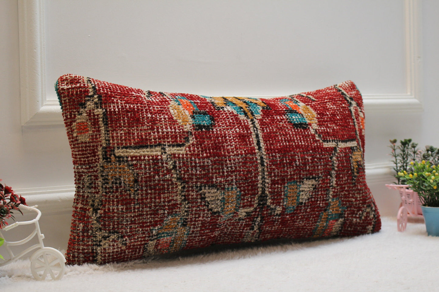 Red Turkish Rug Lumbar Pillow Cover: Vintage Wool, 12x24 inch