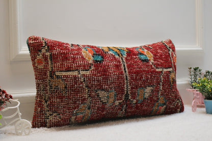 Red Turkish Rug Lumbar Pillow Cover: Vintage Wool, 12x24 inch
