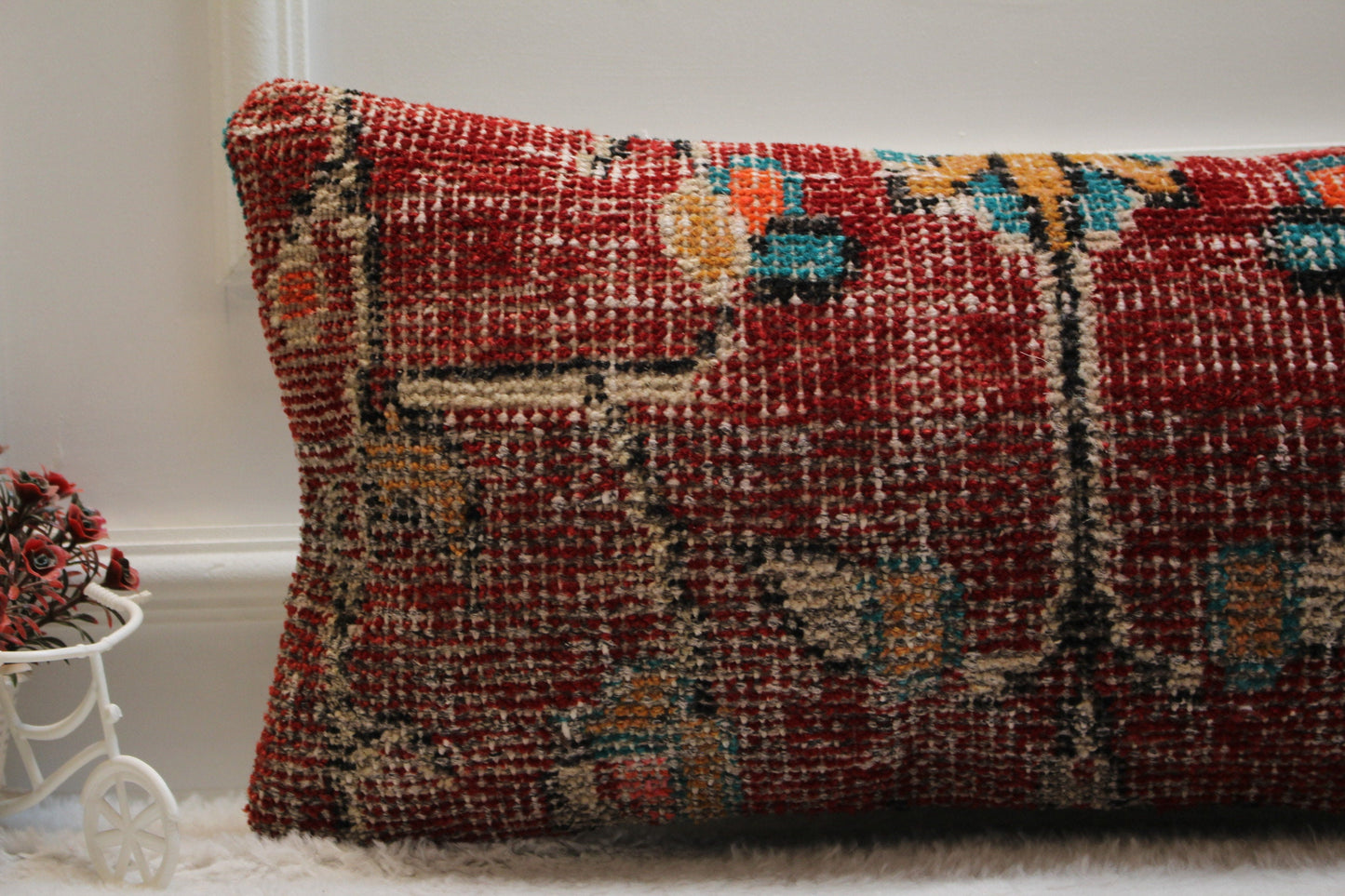 Red Turkish Rug Lumbar Pillow Cover: Vintage Wool, 12x24 inch