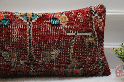Red Turkish Rug Lumbar Pillow Cover: Vintage Wool, 12x24 inch