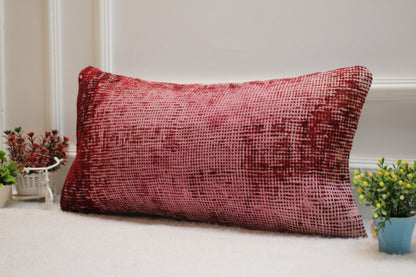 Red Turkish Rug Pillow: 12x24 Handmade Wool Lumbar Pillow Cover