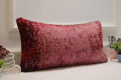 Red Turkish Rug Pillow: 12x24 Handmade Wool Lumbar Pillow Cover