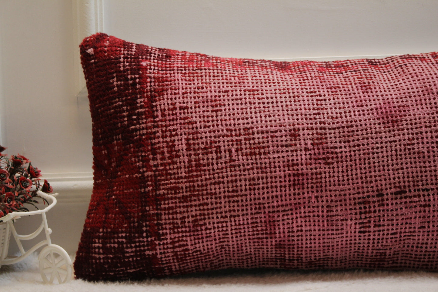 Red Turkish Rug Pillow: 12x24 Handmade Wool Lumbar Pillow Cover
