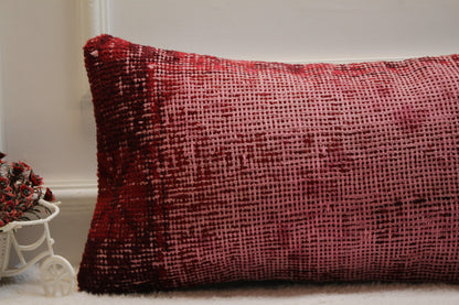 Red Turkish Rug Pillow: 12x24 Handmade Wool Lumbar Pillow Cover