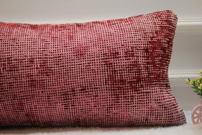 Red Turkish Rug Pillow: 12x24 Handmade Wool Lumbar Pillow Cover