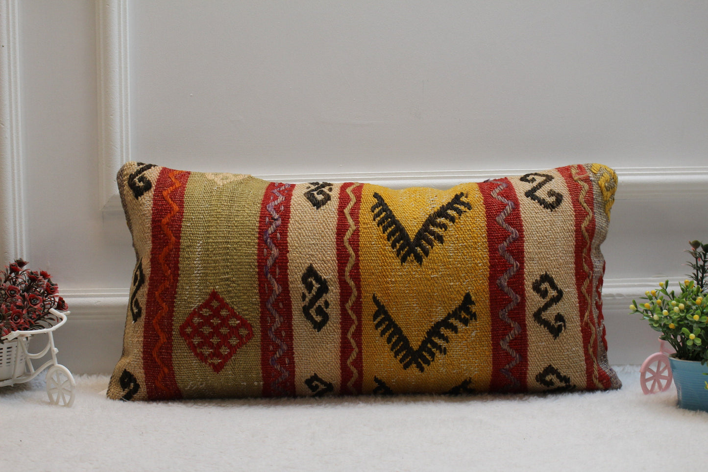 Handmade Lumbar Kilim Pillow Cover: Ethnic Woven Rug, 12x24 inch