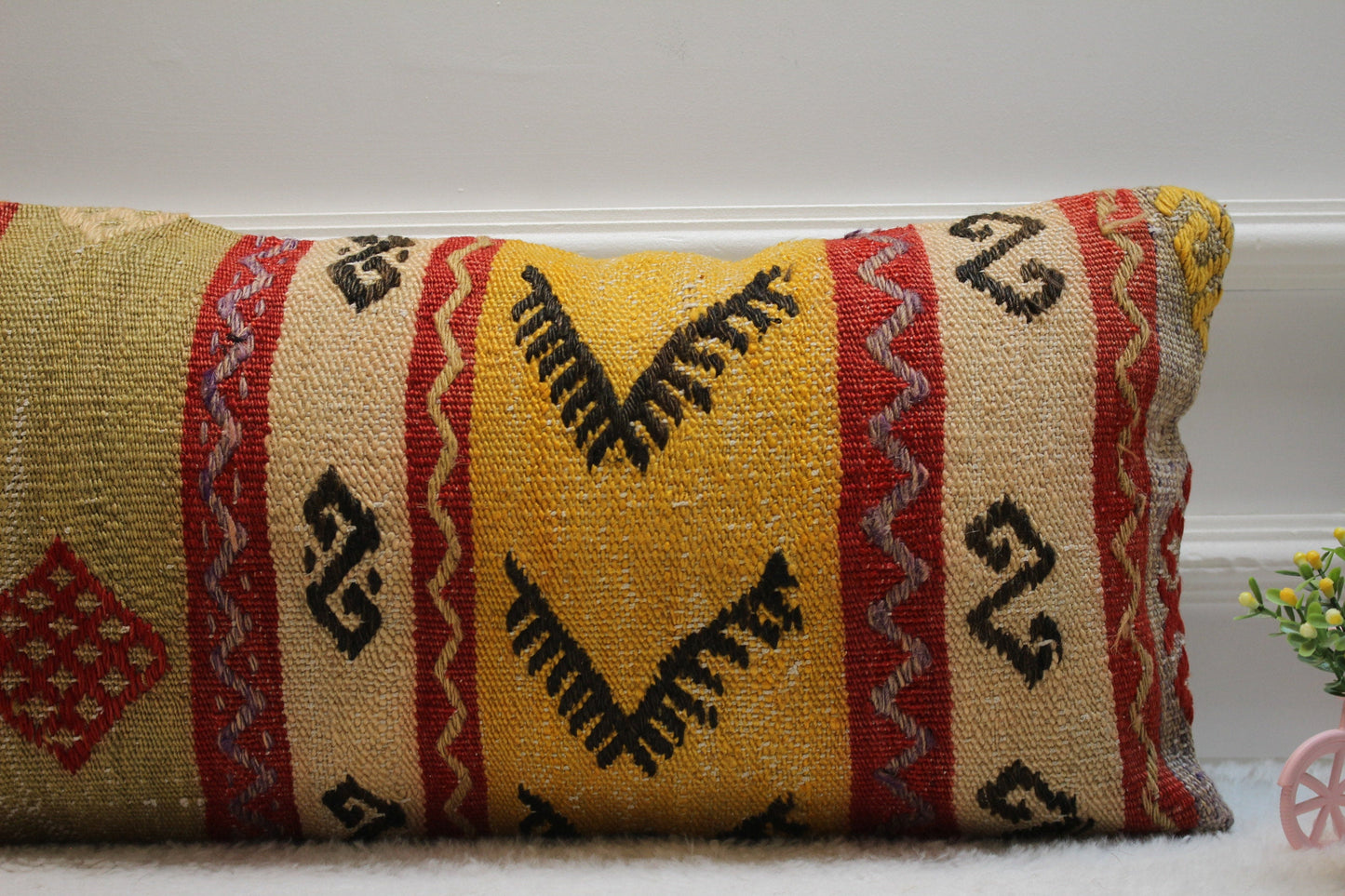Handmade Lumbar Kilim Pillow Cover: Ethnic Woven Rug, 12x24 inch