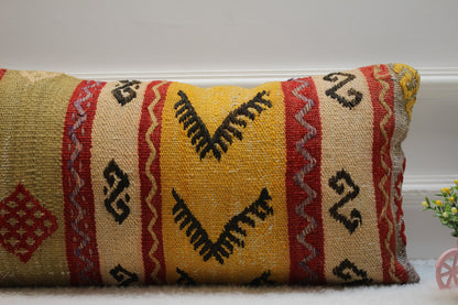 Handmade Lumbar Kilim Pillow Cover: Ethnic Woven Rug, 12x24 inch