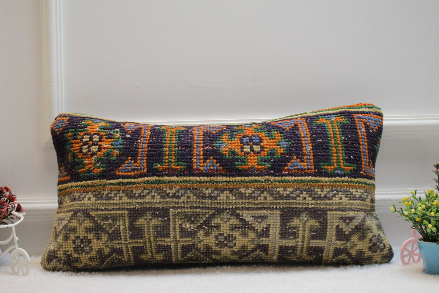 Handmade Kilim Lumbar Pillow Cover: Upcycled Turkish Rug, 12x24 inc