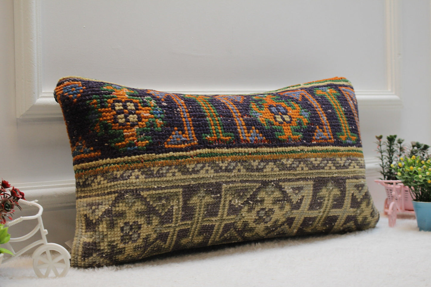Handmade Kilim Lumbar Pillow Cover: Upcycled Turkish Rug, 12x24 inc