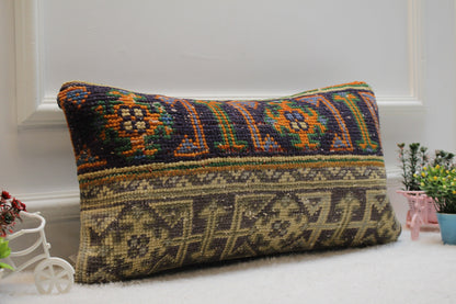 Handmade Kilim Lumbar Pillow Cover: Upcycled Turkish Rug, 12x24 inc