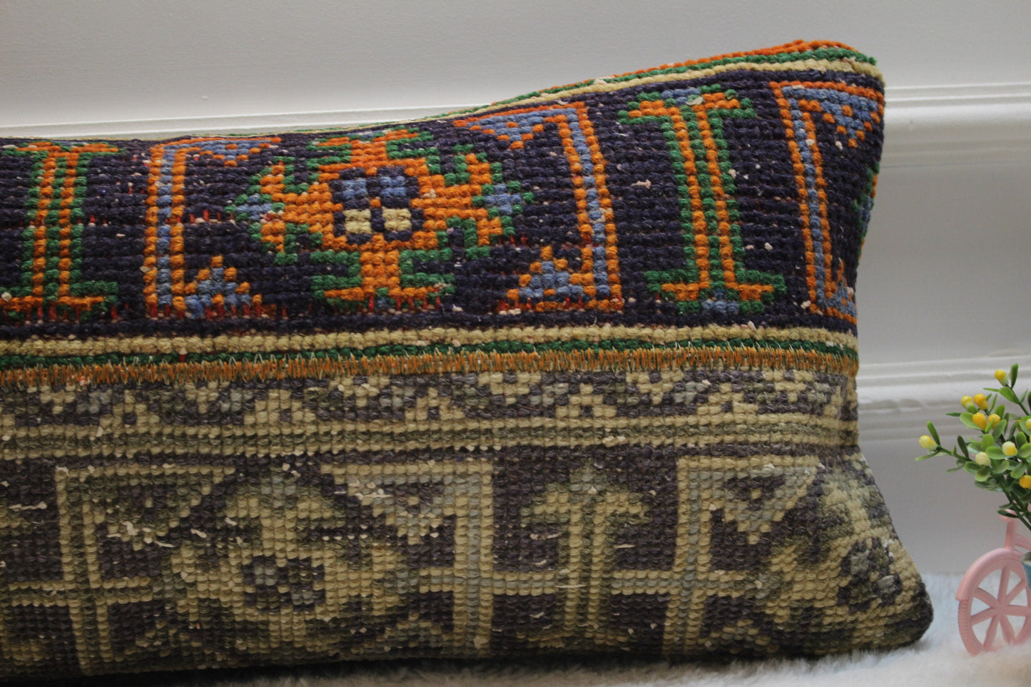 Handmade Kilim Lumbar Pillow Cover: Upcycled Turkish Rug, 12x24 inc