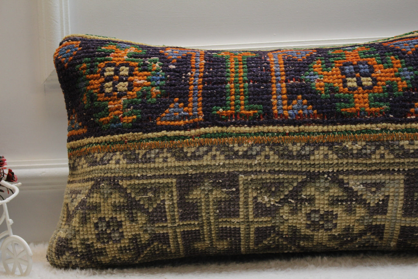 Handmade Kilim Lumbar Pillow Cover: Upcycled Turkish Rug, 12x24 inc