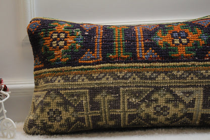 Handmade Kilim Lumbar Pillow Cover: Upcycled Turkish Rug, 12x24 inc