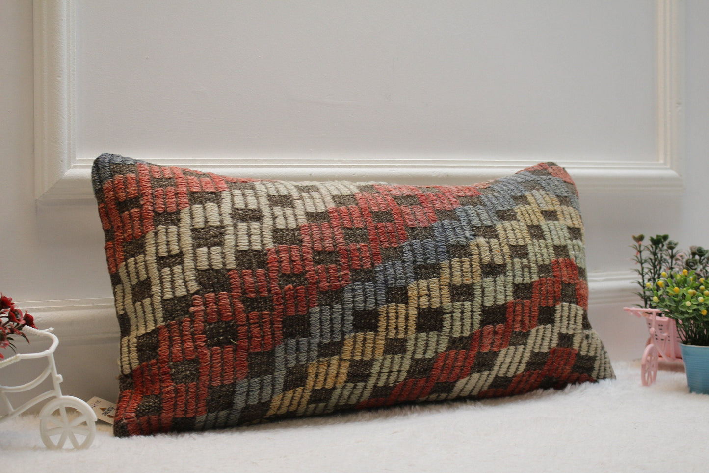 Geometric Kilim Lumbar Pillow Cover: Organic Wool, Rainbow Colors (12x24 in)