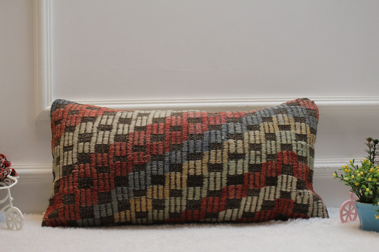 Geometric Kilim Lumbar Pillow Cover: Organic Wool, Rainbow Colors (12x24 in)