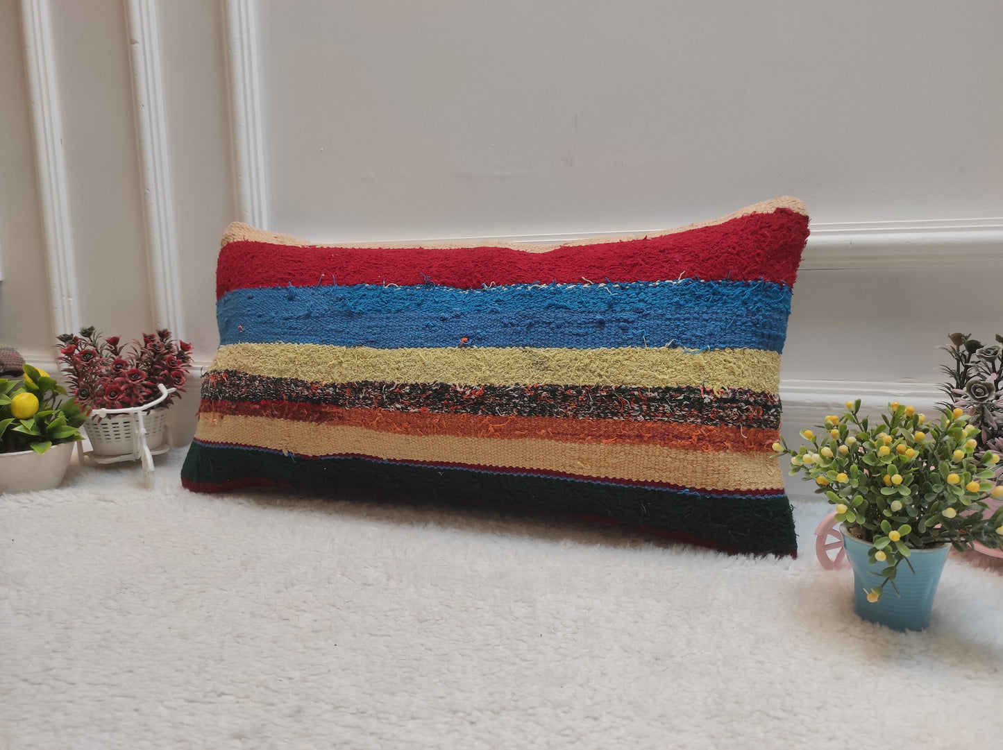 Rainbow Kilim Lumbar Pillow Cover: Upcycled Boho Decor (12x24 in)