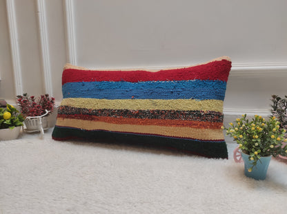 Rainbow Kilim Lumbar Pillow Cover: Upcycled Boho Decor (12x24 in)
