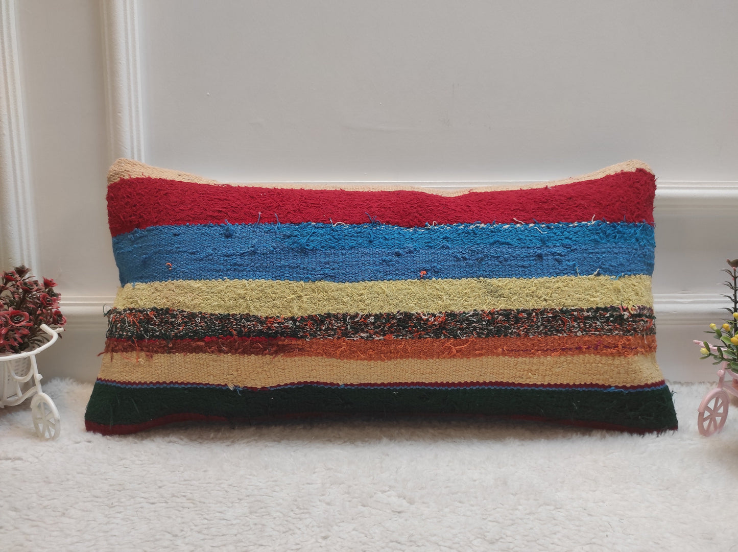 Rainbow Kilim Lumbar Pillow Cover: Upcycled Boho Decor (12x24 in)