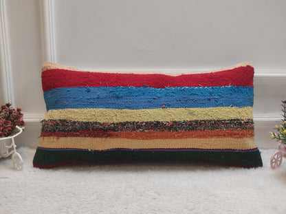 Rainbow Kilim Lumbar Pillow Cover: Upcycled Boho Decor (12x24 in)