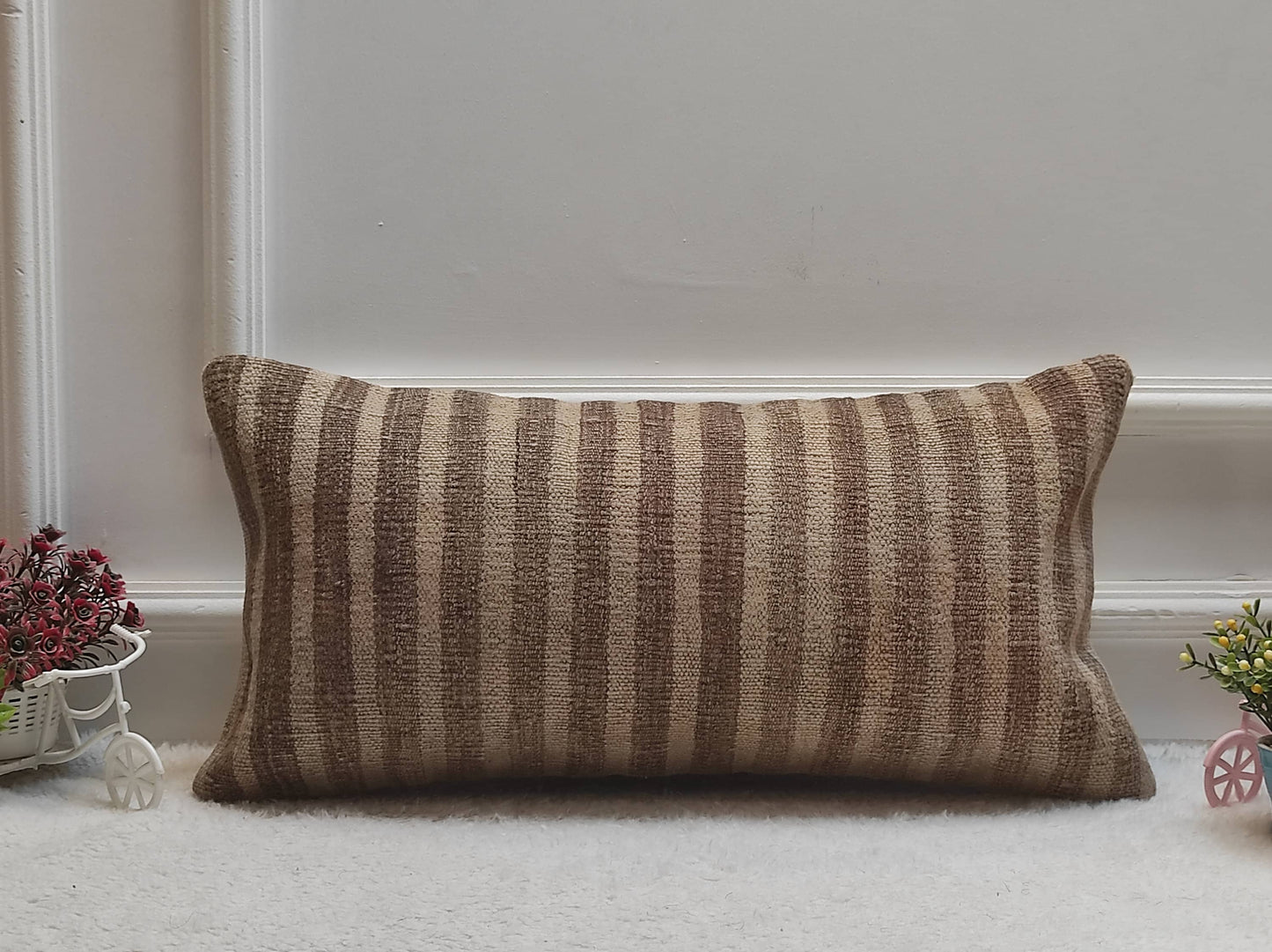 Striped Kilim Lumbar Pillow Cover: Vintage Woven Rug, 12x24 inch