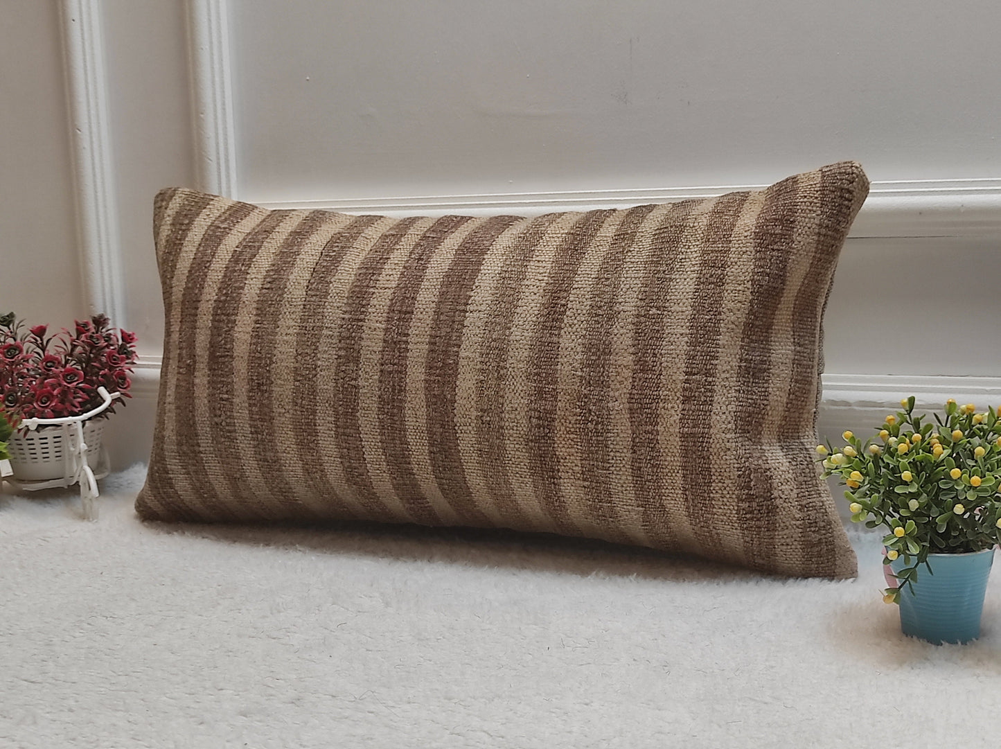 Striped Kilim Lumbar Pillow Cover: Vintage Woven Rug, 12x24 inch