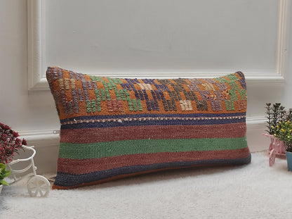 Boho Kilim Pillow Cover 12x24: Upcycled Woven Rug, Ethnic Decor