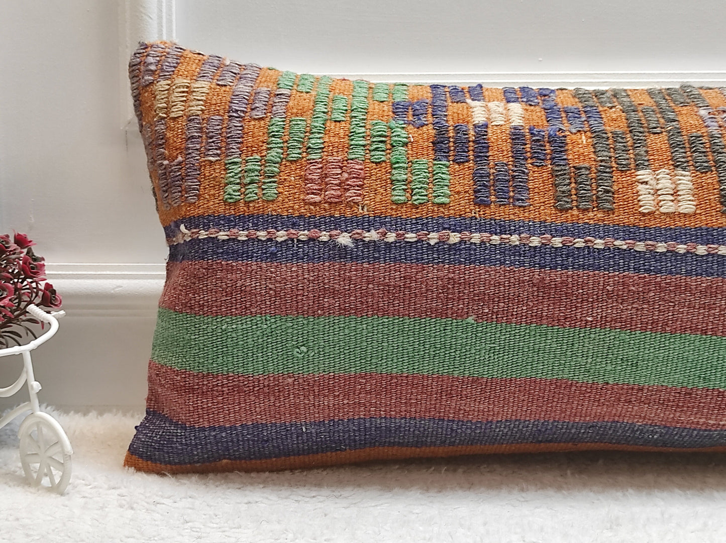 Boho Kilim Pillow Cover 12x24: Upcycled Woven Rug, Ethnic Decor
